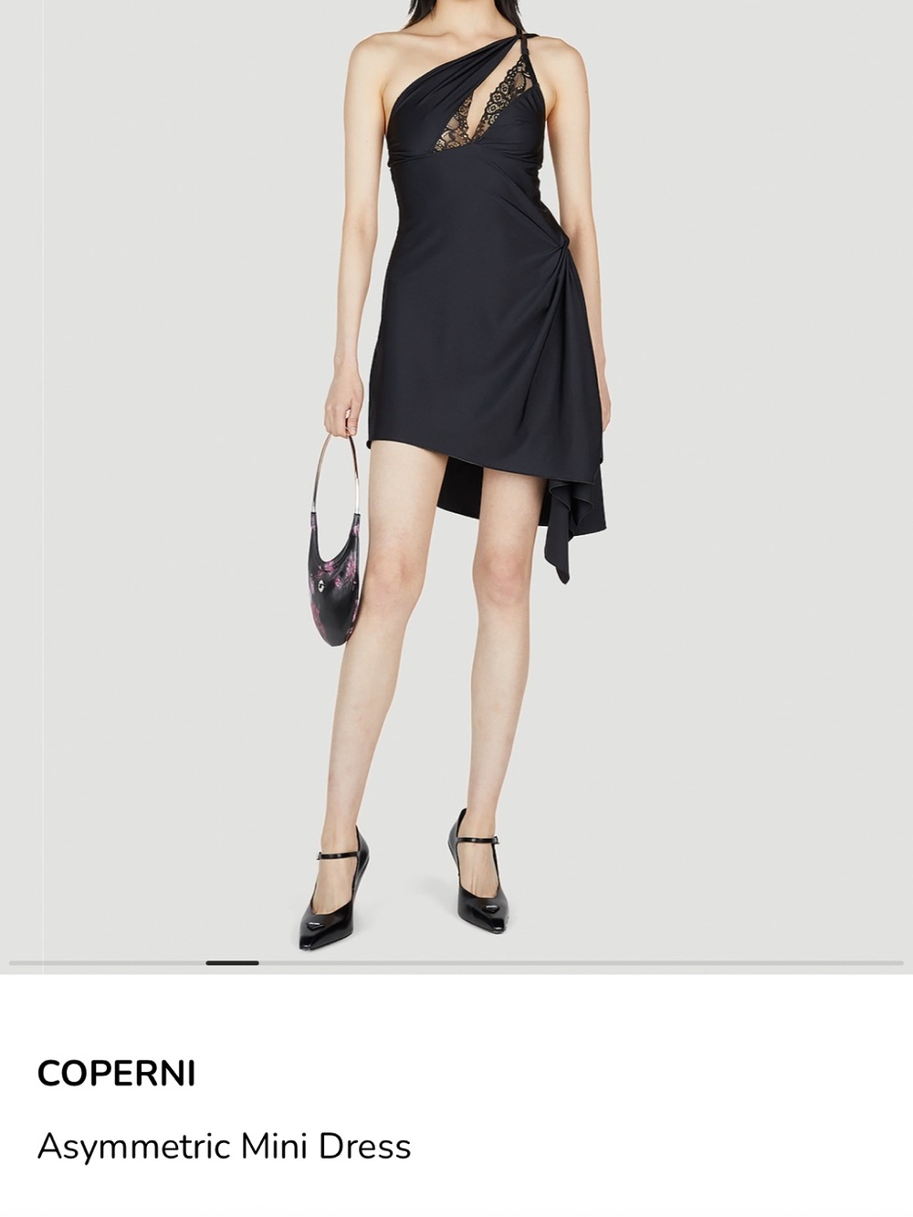Coperni Black One-Shoulder Asymmetric Mini Dress with Lace Inset